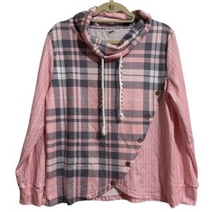 Exclusive Womens Pink Plaid Cowl Neck Asymmetrical Button Long Sleeve Top Size L